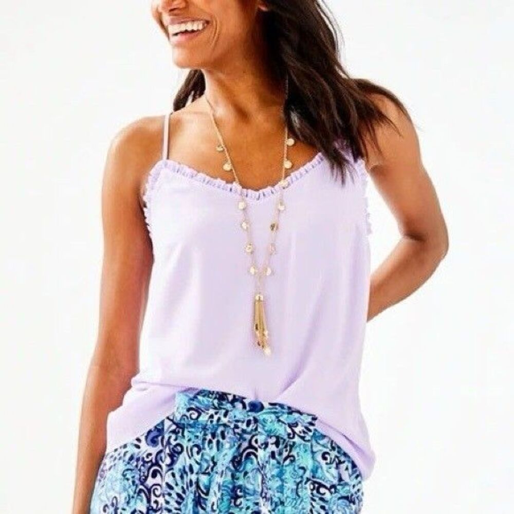 Lilly Pulitzer Ruffled Dusk Coquett TankTop Women L Light Lilac Verbena Chiffon